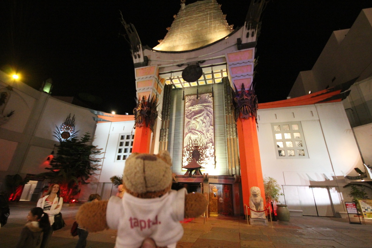 Bearaptu outside the Chinese Theatre in Hollywood. His pawprints are there now; he just pushed them into the dry concrete.